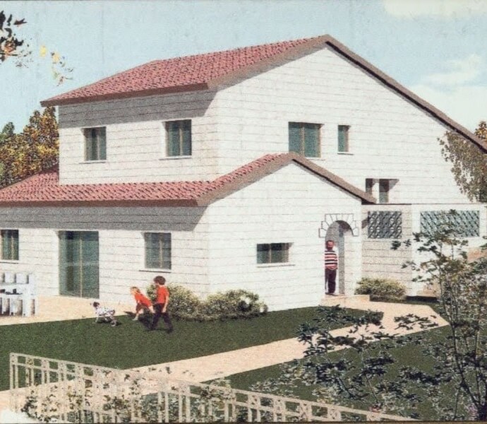 הדמיה ממוחשבת של בית עם גינה, שביל וגדר, בני הבית משחקים בחוץ