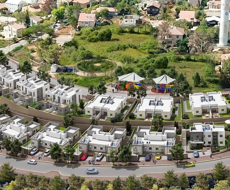 שתי שורות של בתים מוקפים בצמחייה